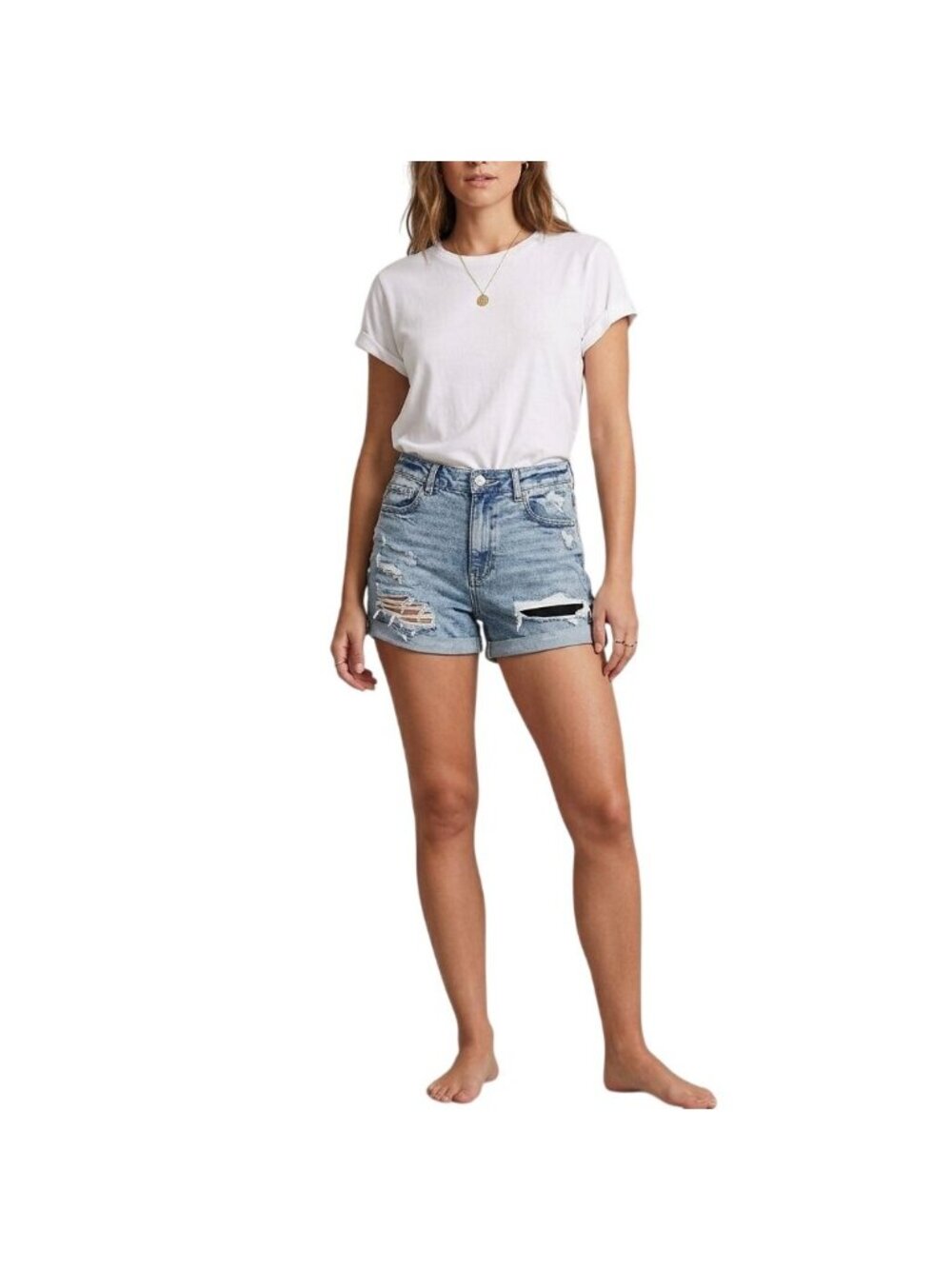 American Eagle Mom Shorts Size 0 Curvy High-Rise Distressed Cuffed Hems Blue